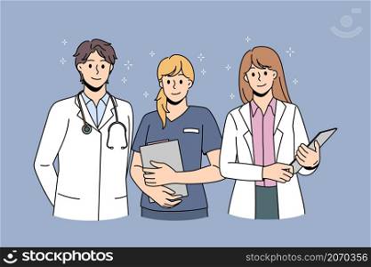 Healthcare medicine and doctors concept. Group of young smiling doctors with stethoscope and nurse standing with documents and looking at camera as team vector illustration . Healthcare medicine and doctors concept.