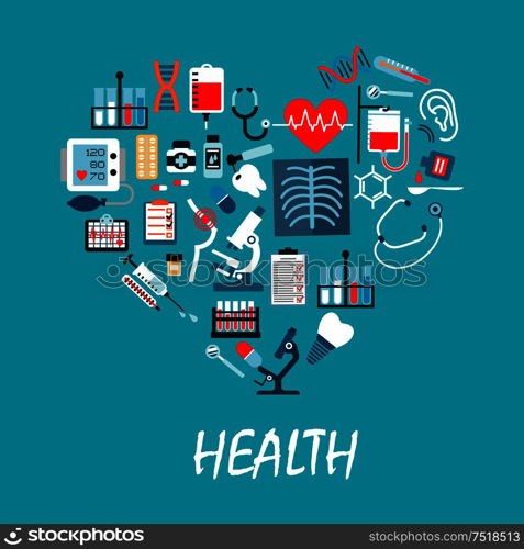 Healthcare medicine vector poster with icons in heart shape. Medical equipment and treatment elements. Hospital infographic. Medicine infographic poster with icons