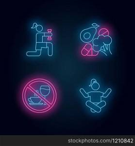 Healthcare neon light icons set. Physical exercise. Vitamin intake, vegetables. Alcohol and caffeine refusal. Meditation, yoga practice. Fitness, workout. Glowing signs. Vector isolated illustrations
