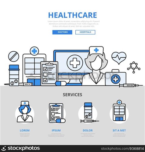 Healthcare online hospital checkup result doctor nurse service concept flat line art vector icons. Modern website infographics illustration hero image web banner. Lineart collection.