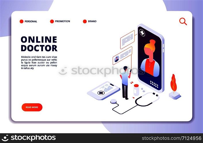 Healthcare online pharmacy isometric concept. Internet drugstore. Medical diagnosis in hospital. Doctor online vector landing page. Illustration of online doctor and healthcare app on smartphone. Healthcare online pharmacy isometric concept. Internet drugstore. Medical diagnosis in hospital. Doctor online vector landing page