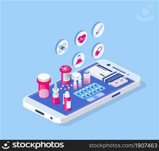 Healthcare, pharmacy and medical concept. Online phone with pills, capsules blisters, glass bottles, plastic tubes. Web banner landing page. 3d isometric design. Vector illustration in flat style. Healthcare, pharmacy and medical concept.