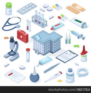 Healthcare pharmacy isometric first aid kit supplies. Healthcare medical pharmacy, drugs, bandage, stethoscope vector illustration set. Hospital first aid kit emergency box, equipment for treatment. Healthcare pharmacy isometric first aid kit supplies. Healthcare medical pharmacy, drugs, bandage, stethoscope vector illustration set. Hospital first aid kit emergency box