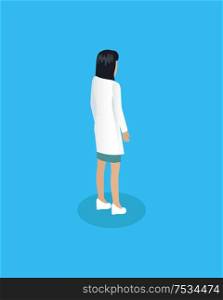Healthcare promotion representative lady doctor from back view. Medical worker woman in white coat uniform icon for medicine poster or site assistant.. Lady Doctor Medical Representative Isometric Icon