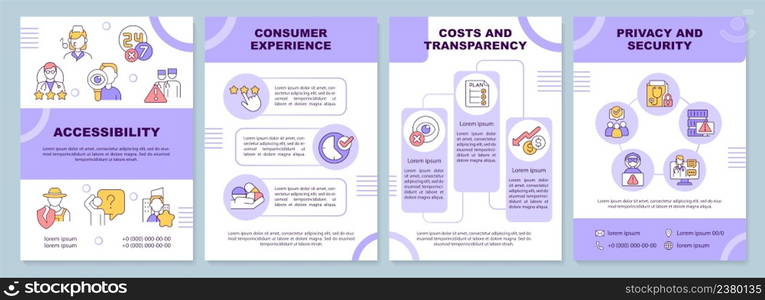 Healthcare quality factors purple brochure template. Accessibility. Leaflet design with linear icons. 4 vector layouts for presentation, annual reports. Arial-Black, Myriad Pro-Regular fonts used. Healthcare quality factors purple brochure template