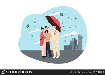 Healthcare quarantine, covid19, 2019ncov infection coronavirus protection concept. Doctor in protective suit covers family man woman kid, umbrella. Coronavirus protection. desease. Preventive measures. Healthcare, quarantine, covid19, infection, 2019ncov, coronavirus, protection concept