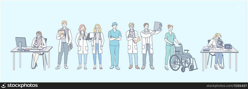 Healthcare, research, medicine set concept. Group of young doctors, men and women, healthcare specialists together. Scientific medical researches or surveys. Hospital communication. Healthcare, research, medicine, doctor set concept