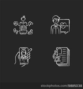 Healthcare service chalk white icons set on black background. Health data collection. Anonymous question. Video appointment. Diagnostic test. Isolated vector chalkboard illustrations. Healthcare service chalk white icons set on black background