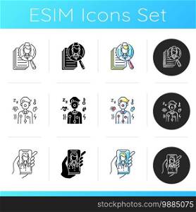 Healthcare service icons set. Choosing medical specialist. Anonymous health checkup. Video consultation. Online doctors overview. Linear, black and RGB color styles. Isolated vector illustrations. Healthcare service icons set