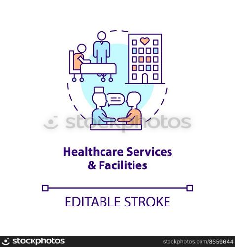 Healthcare services and facilities concept icon. Health system. Medical provider abstract idea thin line illustration. Isolated outline drawing. Editable stroke. Arial, Myriad Pro-Bold fonts used
. Healthcare services and facilities concept icon