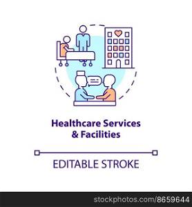 Healthcare services and facilities concept icon. Health system. Medical provider abstract idea thin line illustration. Isolated outline drawing. Editable stroke. Arial, Myriad Pro-Bold fonts used
. Healthcare services and facilities concept icon