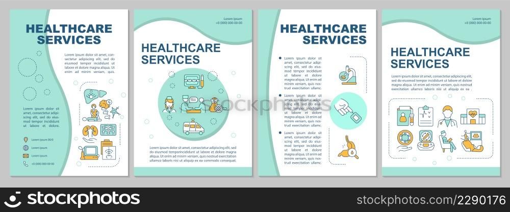 Healthcare services providing mint brochure template. Medical care. Leaflet design with linear icons. 4 vector layouts for presentation, annual reports. Arial, Myriad Pro-Regular fonts used. Healthcare services providing mint brochure template