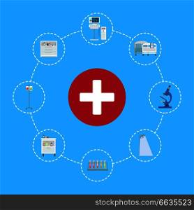 Healthcare symbol with white cross on red, surrounded by round frame of hospital equipment. Vector illustration with icons of medical staff on blue. Healthcare Symbol Icon Vector Illustration