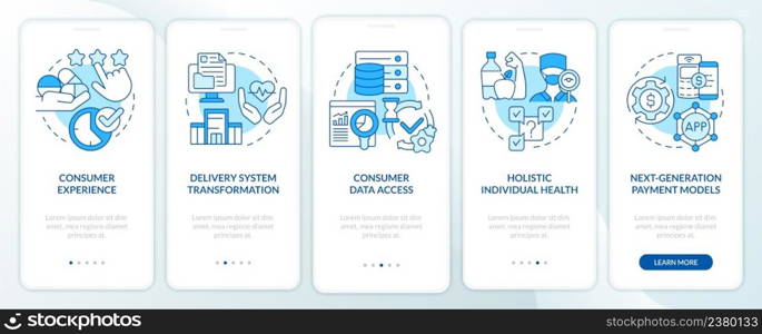 Healthcare system issues blue onboarding mobile app screen. Walkthrough 5 steps graphic instructions pages with linear concepts. UI, UX, GUI template. Myriad Pro-Bold, Regular fonts used. Healthcare system issues blue onboarding mobile app screen