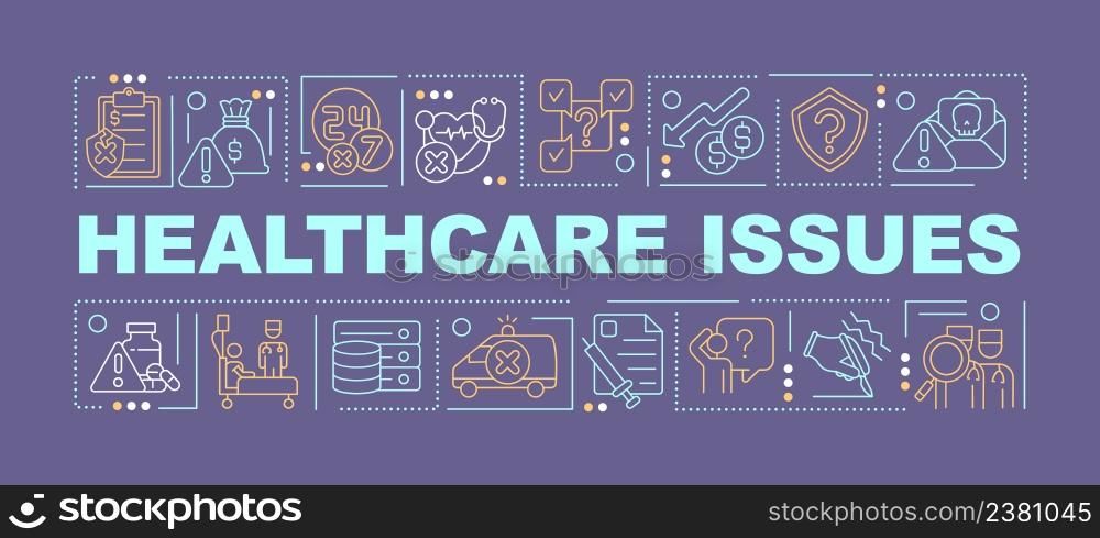 Healthcare system problems word concepts dark purple banner. High costs. Infographics with icons on color background. Isolated typography. Vector illustration with text. Arial-Black font used. Healthcare system problems word concepts dark purple banner