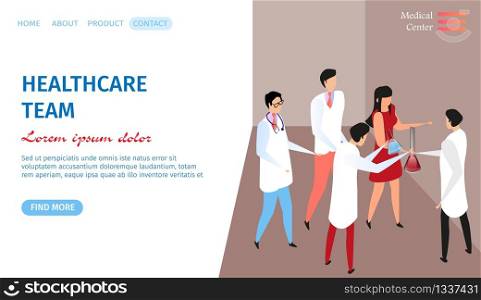 Healthcare Team Horizontal Banner with Copy Space. Men Doctors Group in White Robes Hold Test Tubes in Hands Stand Around of Young Woman in Red Dress. Healthcare 3d Flat Vector Isometric Illustration. Healthcare Team Horizontal Banner with Doctors