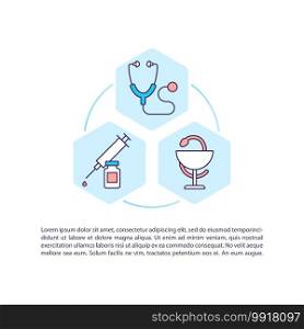 Healthcare treatment concept icon with text. Medical services. Injection procedures. Medicine, therapy. PPT page vector template. Brochure, magazine, booklet design element with linear illustrations. Healthcare treatment concept icon with text