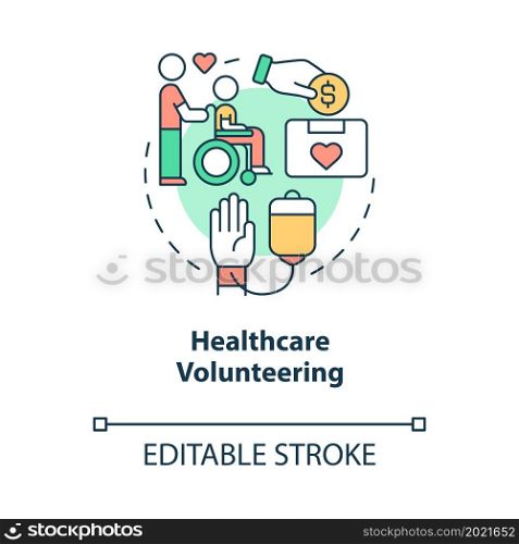Healthcare volunteering concept icon. Humanitarian aid for clinic. Blood donation for hospital abstract idea thin line illustration. Vector isolated outline color drawing. Editable stroke. Healthcare volunteering concept icon