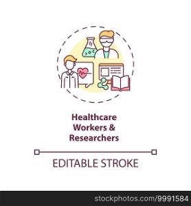 Healthcare workers and researchers concept icon. Covid 19 safety measures idea thin line illustration. Medical staff. Battle covid 19. Vector isolated outline RGB color drawing. Editable stroke. Healthcare workers and researchers concept icon