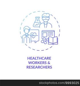 Healthcare workers and researchers concept icon. Service optimization. Covid 19 safety measures idea thin line illustration. Medical staff. Battle covid 19. Vector isolated outline RGB color drawing. Healthcare workers and researchers concept icon