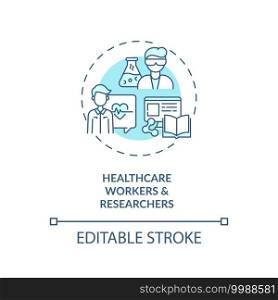 Healthcare workers and researchers concept icon. Tourism service. Covid 19 safety measures idea thin line illustration. Medical staff. Vector isolated outline RGB color drawing. Editable stroke. Healthcare workers and researchers concept icon