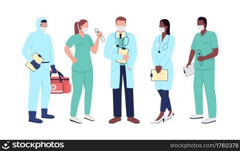 Healthcare workers flat color vector faceless character set. Medical service staff. Doctor in medical mask. Essential work isolated cartoon illustration for web graphic design and animation collection. Healthcare workers flat color vector faceless character set