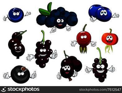 Healthful fresh black currant, blueberry and red briar fruits cartoon characters with funny smiling faces. Black currant, blueberry and briar fruits