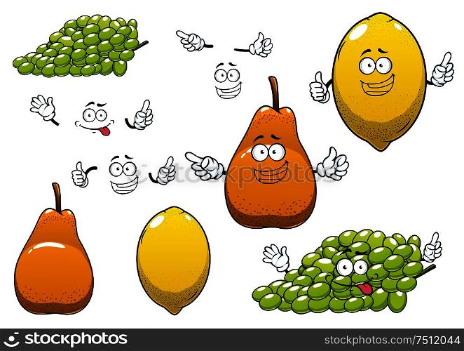 Healthful fresh yellow lemon, green grape and ripe orange pear fruits cartoon characters with funny faces for healthy nutrition or agriculture theme design. Lemon, green grape and pear fruits