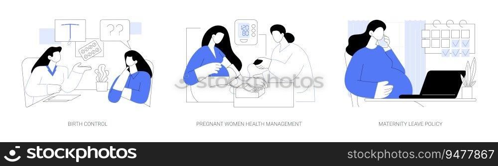 Healthier mothers and babies abstract concept vector illustration set. Birth control, pregnant women health management, maternity leave policy, prenatal examination abstract metaphor.. Healthier mothers and babies abstract concept vector illustrations.