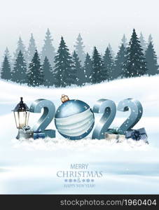 Healthy 2022 New Year background with a blue ball in a white protective face mask and 2022 number. Face mask for covid-19 coronavirus. Vector