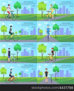 Healthy Active Lifestyle Banners with Man on Bike. Active lifestyle agitation banners with man in special elastic stretch clothes and solid helmet rides bike in park vector illustrations set.