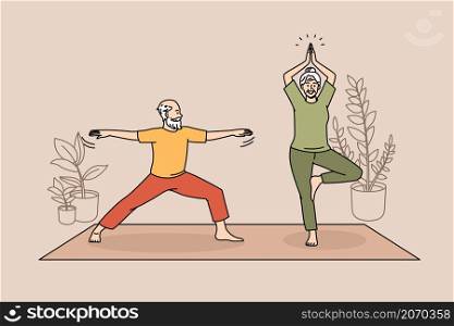 Healthy active lifestyle of elderly people concept. Smiling senior couple woman and man practicing yoga on fitness mat at home together vector illustration . Healthy active lifestyle of elderly people concept.