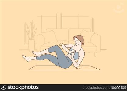 Healthy active lifestyle, training at home concept. Fitness young smiling woman doing twists exercises on fitness mat during morning workout at home feeling energetic vector illustration . Healthy active lifestyle, training at home concept