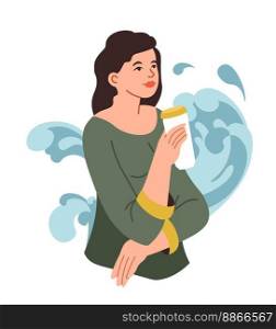 Healthy and balanced lifestyle, isolated female character drinking water and staying hydrated. Following dieting and nourishment. Woman with cup of pure liquid or beverage. Vector in flat style. Woman staying hydrated drinking water, vector