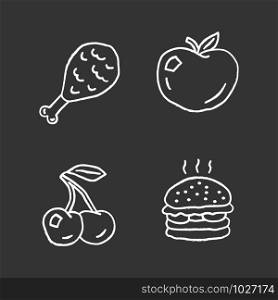 Healthy and harmful nutrition chalk icons set. Chicken leg, ripe apple, cherry and burger isolated vector chalkboard illustrations. Junk food and organic snacks, natural and unhealthy eating
