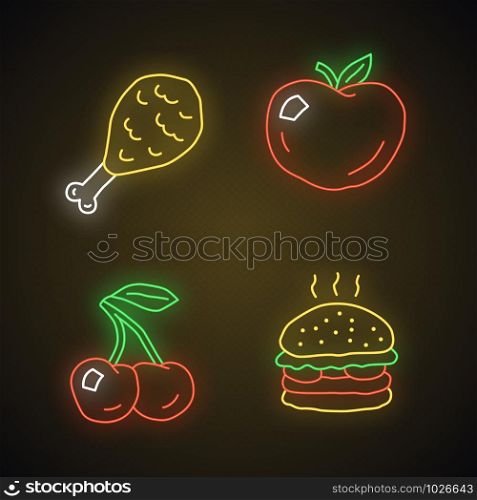 Healthy and harmful nutrition neon light icons set. Junk food and organic snacks glowing signs. Chicken leg, ripe apple, cherry and burger vector isolated illustrations. Natural and unhealthy eating