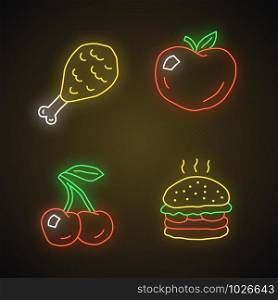 Healthy and harmful nutrition neon light icons set. Junk food and organic snacks glowing signs. Chicken leg, ripe apple, cherry and burger vector isolated illustrations. Natural and unhealthy eating