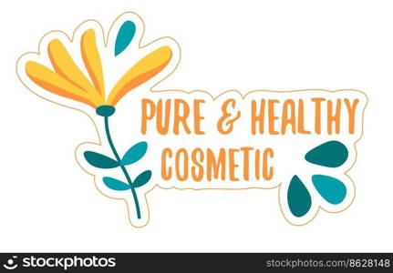 Healthy and pure cosmetics for skincare and wellness. Essence or serum with flowers and herbs ingredients. Cosmetology and dermatology. Sticker or emblem, logotype or badge. Vector in flat style. Pure and healthy cosmetics, flower emblem icon