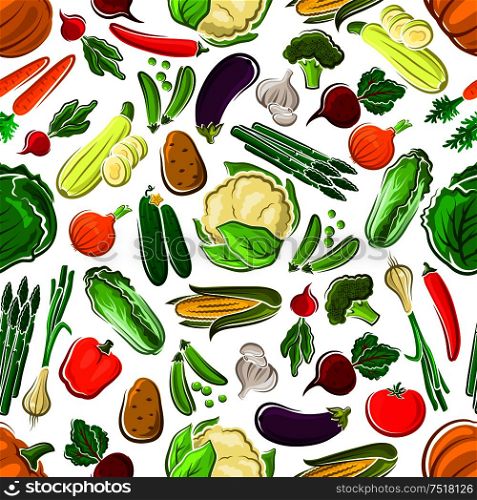 Healthy and raw farm vegetables seamless pattern. Potato and succulent carrot, tasty tomato and bitter radish, orange pumpkin and red bell pepper, pea pod and luscious cucumber, garlic and corn cob, cabbage and broccoli, asparagus, and daikon. . Healthy and raw farm vegetables seamless pattern