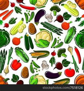 Healthy and raw farm vegetables seamless pattern. Potato and succulent carrot, tasty tomato and bitter radish, orange pumpkin and red bell pepper, pea pod and luscious cucumber, garlic and corn cob, cabbage and broccoli, asparagus, and daikon. . Healthy and raw farm vegetables seamless pattern