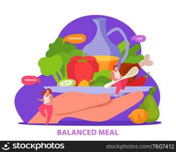 Healthy and super food flat composition of text and people with human hand holding organic products vector illustration