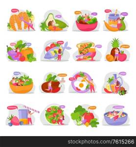 Healthy and super food flat icons set with isolated images of organic products dishes and people vector illustration