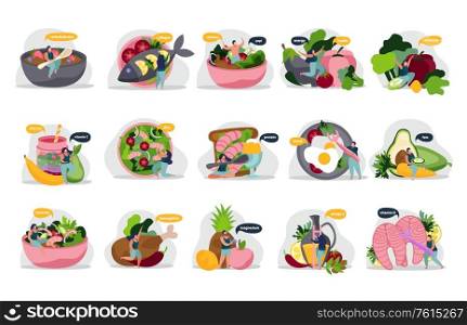Healthy and super food flat recolor set of isolated icons with people products and thought bubbles vector illustration