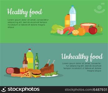 Healthy and Unhealthy Food Banner Poster. Healthy and unhealthy food banners. Poster with items of diet organic products and unhealthy junk food. Weight loss. Part of series of promotion healthy diet and good fit. Vector illustration