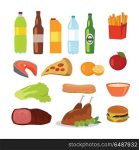 Healthy and Unhealthy Food. Editable Food Icons. Healthy and unhealthy food. Editable food icons of healthy and junk food isolated on white. Drinks and beverages. Part of series of promotion healthy diet and good fit. Vector illustration