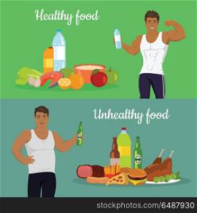 Healthy and Unhealthy Food. Weight Loss.. Healthy and unhealthy food. Figure of the man before and after diet. Weight loss. Sportive and fat boy isolated. Part of series of promotion healthy diet and good fit. Vector illustration