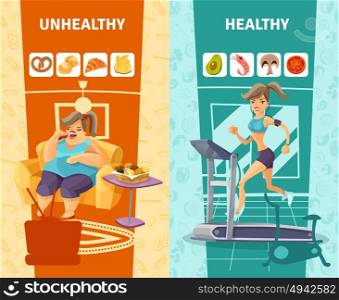 Healthy And Unhealthy Woman Banners Set . Healthy and unhealthy woman vertical banners set cartoon isolated vector illustration