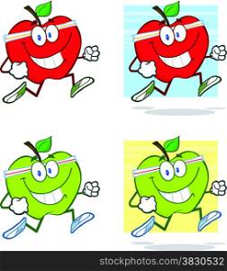 Healthy Apples Cartoon Character Jogging. Collection