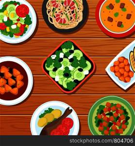 Healthy asian thai meal on table top. Vegetable, meat and fish food dishes vector illustration. Cuisine thailand, seafood and oriental salad. Healthy asian thai meal on table top. Vegetable, meat and fish food dishes vector illustration