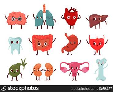 Healthy biological organ. Smiling lung, happy heart and funny brain. Smile stomach, uterus organs bone and tooth. Biology medicine character cartoon isolated character vector icons set. Healthy biological organ. Smiling lung, happy heart and funny brain. Smile organs cartoon isolated character vector set
